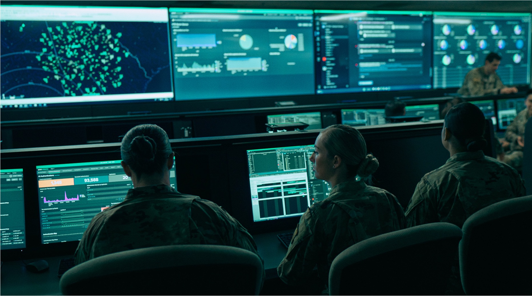 Operators at a multi-screen command console monitoring an operation